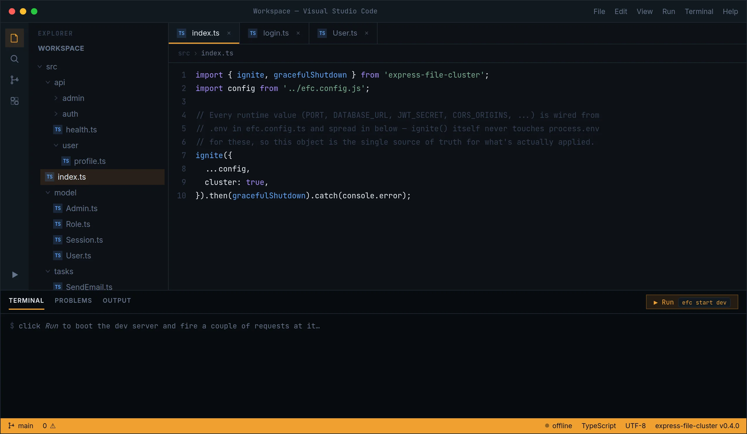 The EFC Workspace: a project tree with src/api, src/model and src/tasks, and src/index.ts calling ignite().